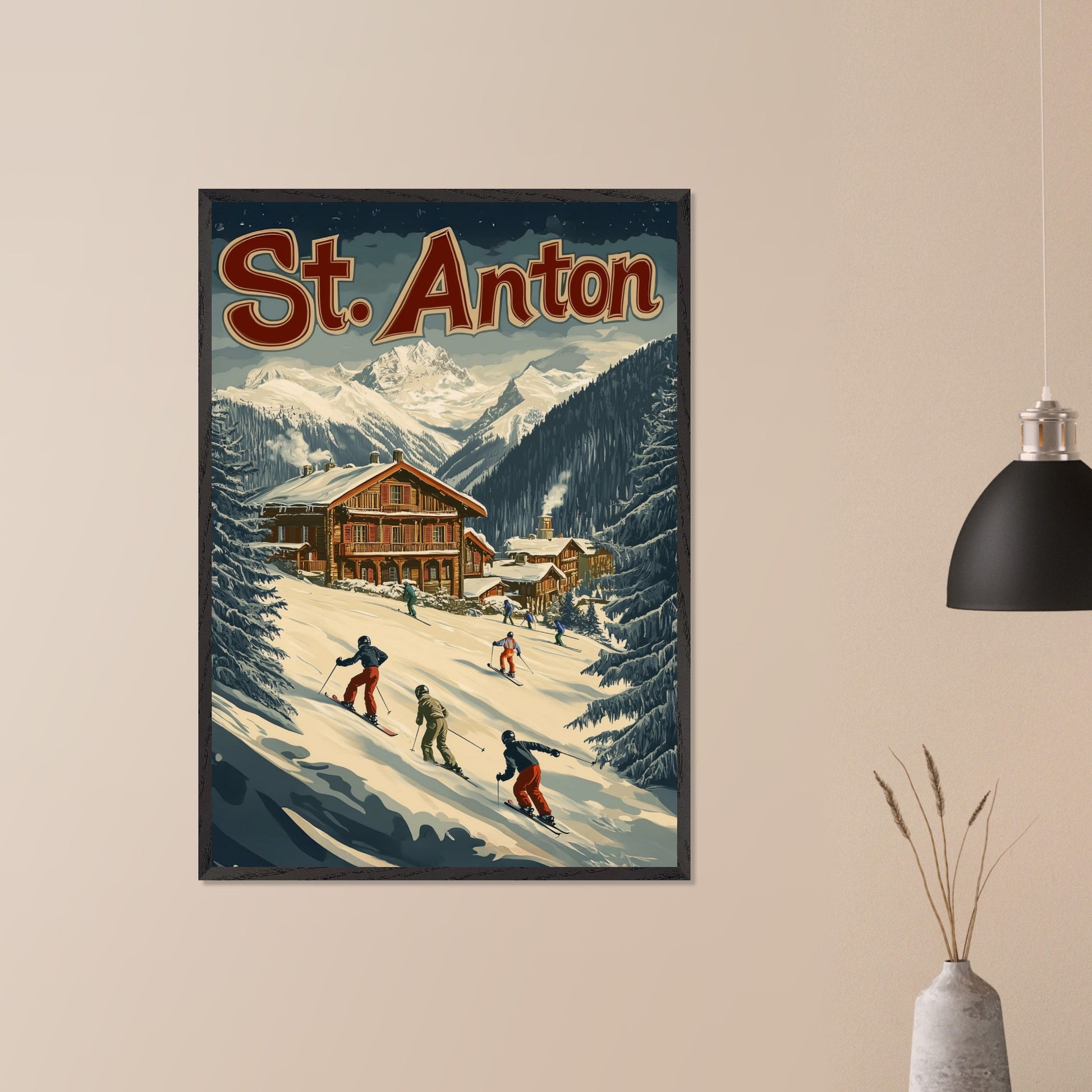 This minimalist yet striking poster captures the essence of St. Anton's alpine charm through its dynamic composition and vintage-inspired design. At the heart of the image is a group of skiers gracefully descending the snowy slopes, framed by towering evergreens and a cozy wooden chalet. The vibrant yet balanced color palette enhances the lively appeal, blending a sense of adventure and winter serenity.