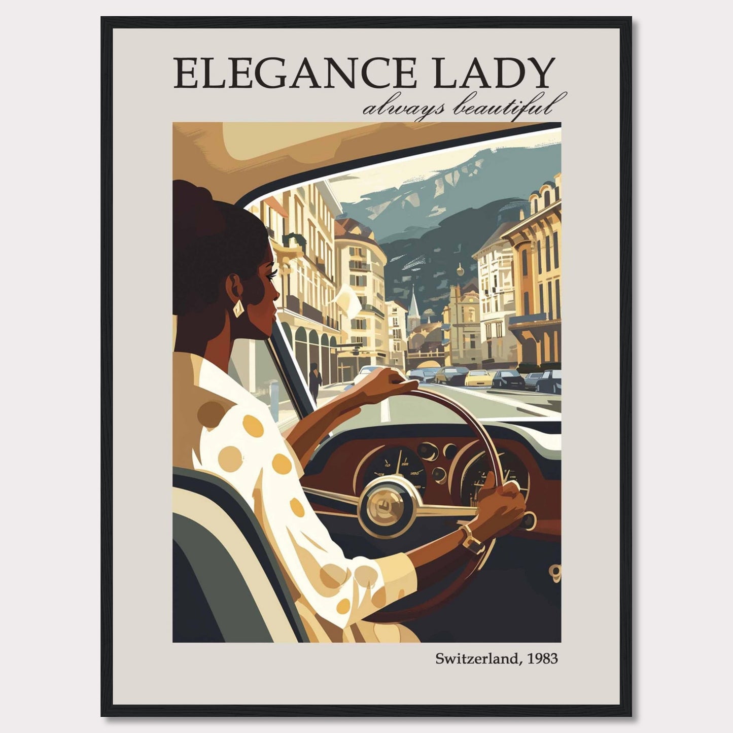 This image depicts a stylish woman driving through a picturesque European city, exuding elegance and confidence.