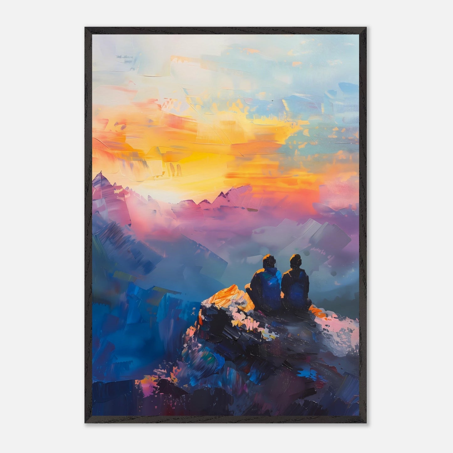 This is an illustration of two people sitting on a rocky cliff, overlooking a vibrant and colorful sunset or sunrise. The sky is painted with warm hues of orange, yellow, and pink, blending into cooler tones of blue and purple.