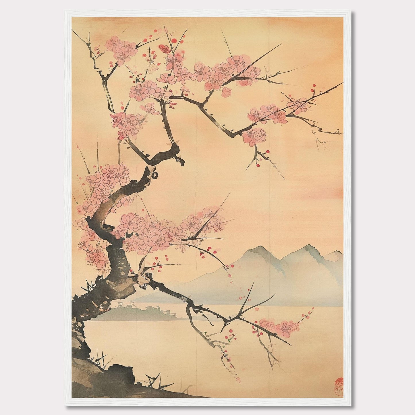 This beautiful artwork features a delicate cherry blossom tree in full bloom against a serene backdrop of distant mountains. The soft pastel hues create a tranquil and calming atmosphere, perfect for any living space.