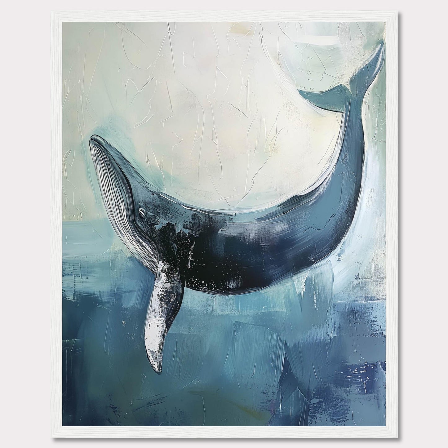 This image showcases a stunning painting of a whale gracefully swimming in the ocean. The artwork captures the serene beauty and majesty of the whale, set against a backdrop of soothing blue and white hues. The texture and brushstrokes add depth and movement to the piece, making it an eye-catching addition to any space.