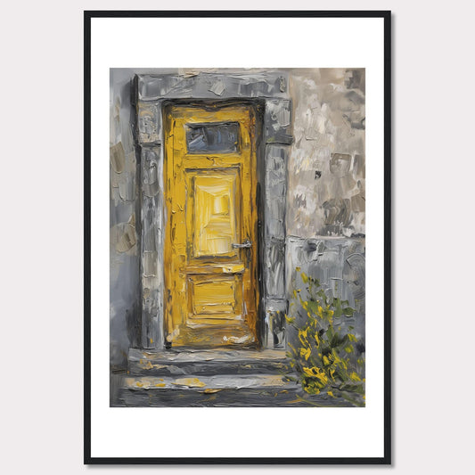 This image showcases a beautiful painting of a vibrant yellow door set within a textured, weathered stone wall. The artwork captures the rustic charm and character of an old building, with hints of greenery peeking through at the bottom right corner.