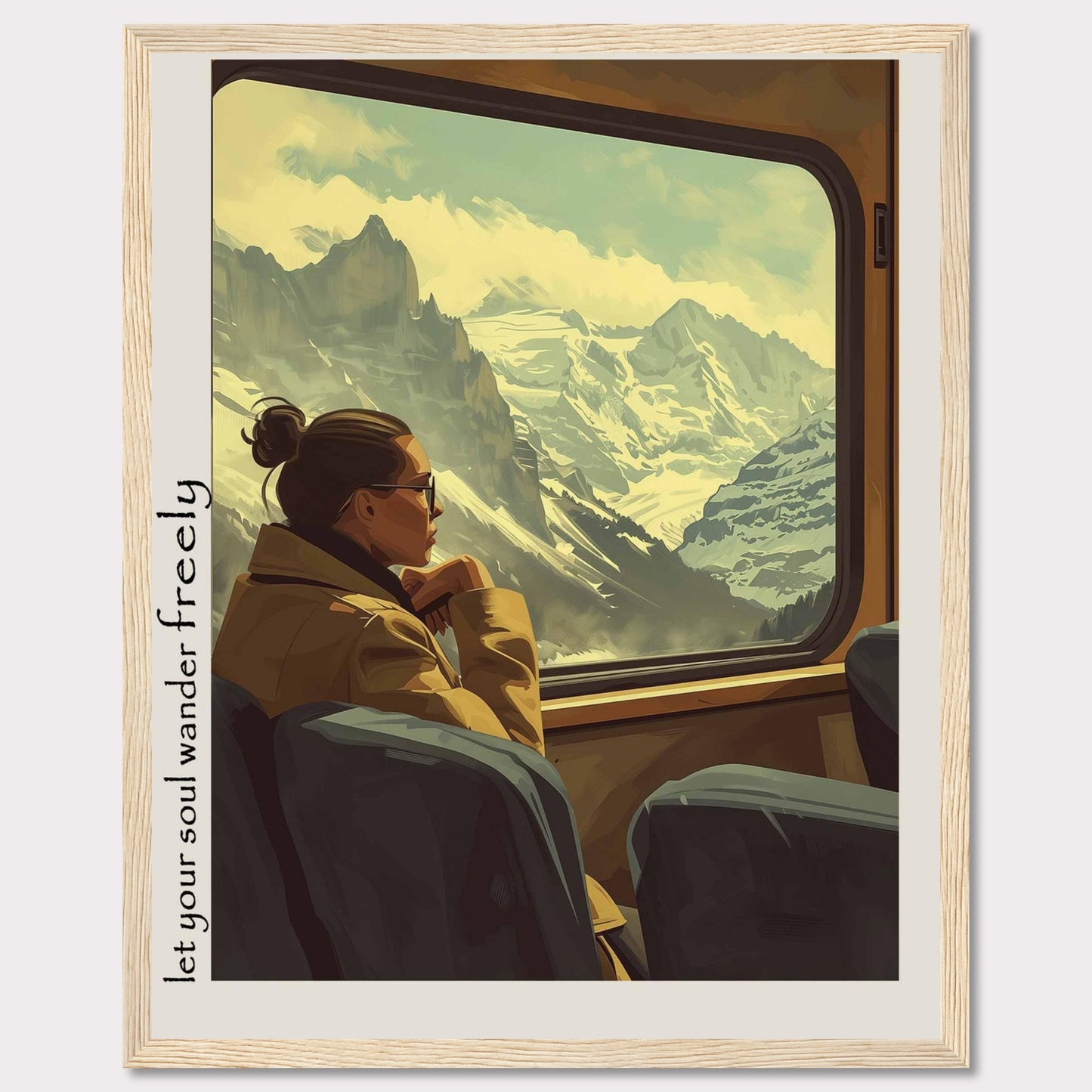 This image depicts a serene moment of a woman gazing out of a train window at a breathtaking mountain landscape. The scene is framed with the text "Let your soul wander freely" on the left side.