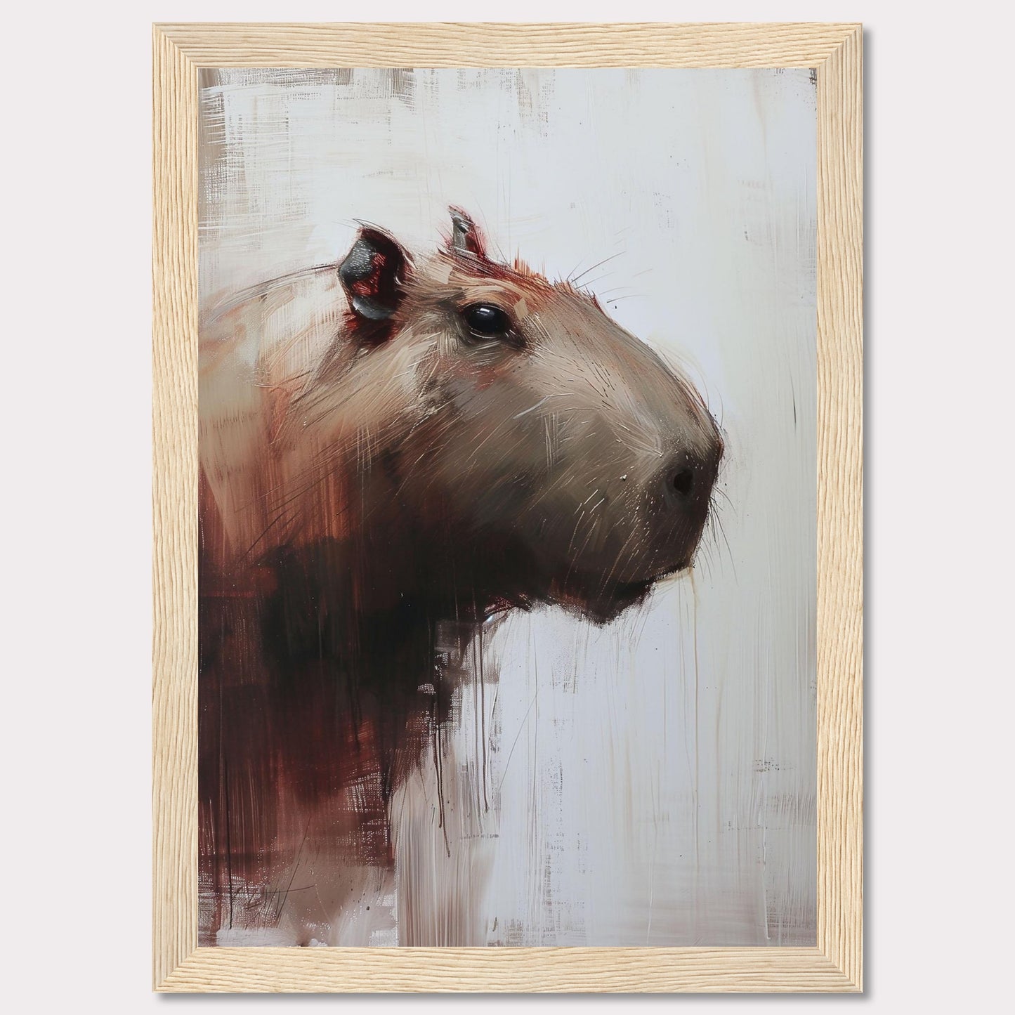 This image showcases a striking painting of a capybara, rendered in a modern, abstract style. The artwork features bold brush strokes and a muted color palette, with the capybara's head turned slightly to the side.