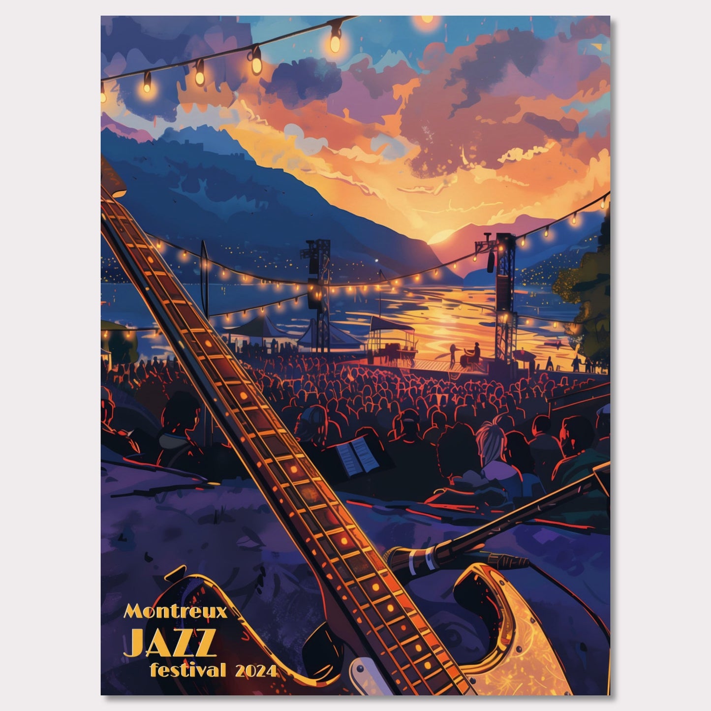 This vibrant poster captures the essence of the Montreux Jazz Festival 2024. Set against a breathtaking sunset over a serene lake, the scene is filled with an audience eagerly awaiting the performance. An electric guitar in the foreground hints at the musical magic to come, while string lights add a festive ambiance.