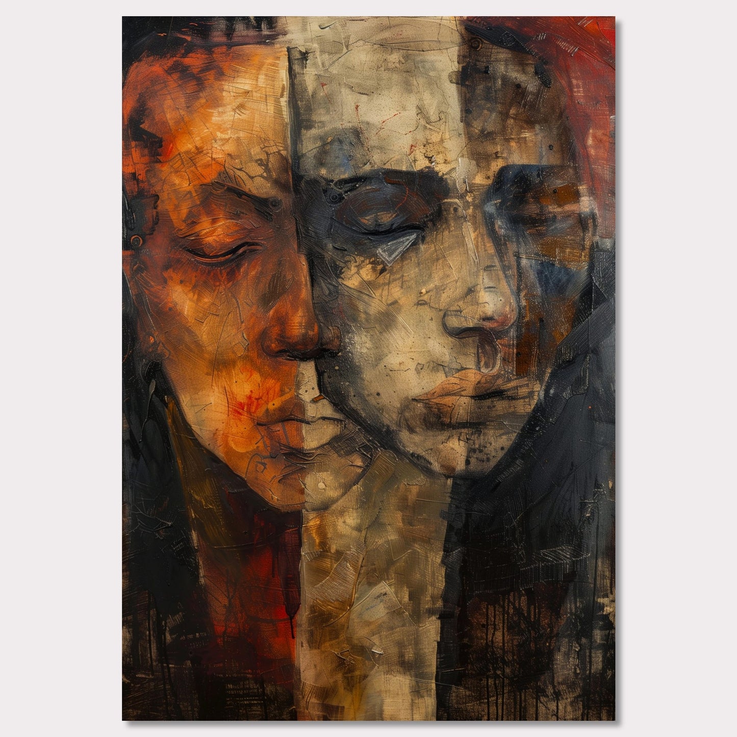 This captivating artwork features two abstract faces, blending seamlessly into one another. The painting is rich in texture and color, with a striking contrast between warm and cool tones. The faces appear to be in deep contemplation, evoking a sense of introspection and connection.