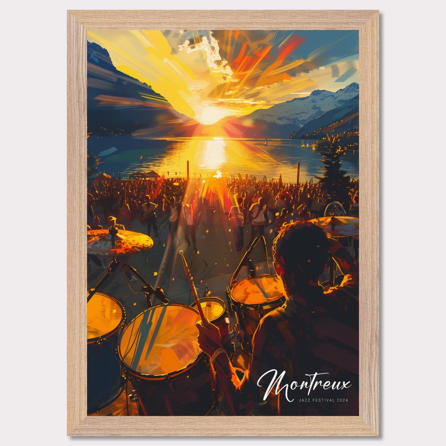 This vibrant image captures the essence of the Montreux Jazz Festival 2024. The scene is set at sunset, with a stunning view of the sun dipping below the horizon over a serene lake, surrounded by majestic mountains. A large crowd is gathered, immersed in the music, while a drummer plays energetically in the foreground.