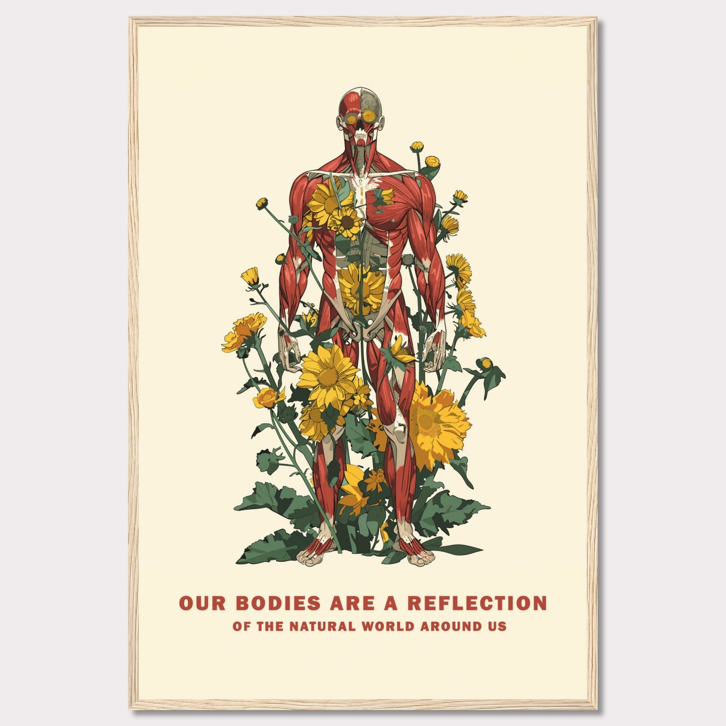 This image features a detailed anatomical illustration of a human body intertwined with vibrant yellow flowers and green foliage. The artwork highlights the connection between human anatomy and nature.