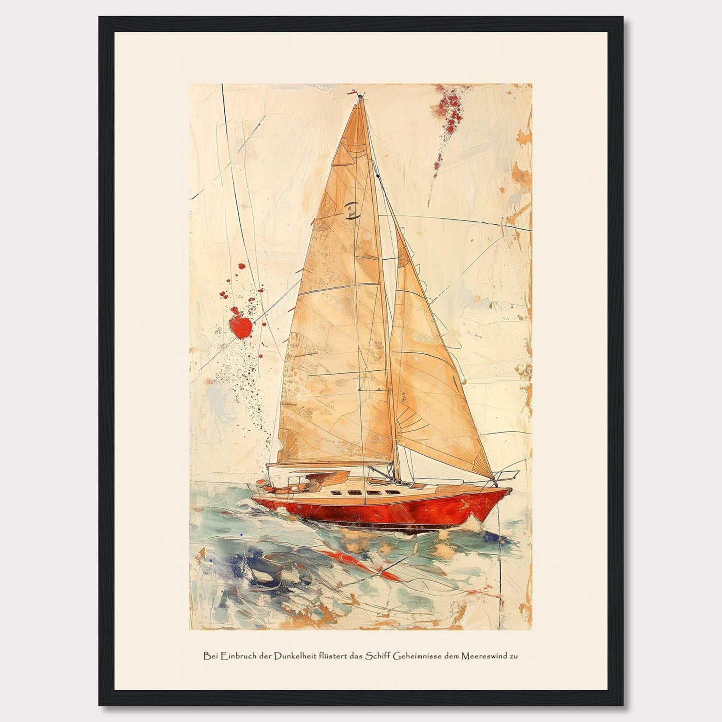 This artwork depicts a stunning sailboat navigating through the ocean with its sails fully unfurled. The painting features a vibrant red boat set against a dynamic background of abstract lines and splashes of color, giving a sense of movement and adventure. The text at the bottom reads: "Bei Einbruch der Dunkelheit flüstert das Schiff Geheimnisse dem Meereswind zu," which translates to "At dusk, the ship whispers secrets to the sea breeze."