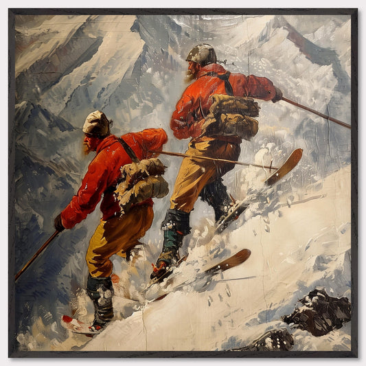 This captivating painting depicts two adventurers skiing down a steep, snowy mountain slope. They are dressed in bright red jackets and sturdy gear, emphasizing their readiness for the harsh conditions. The rugged mountain landscape in the background highlights the challenge and thrill of their descent.