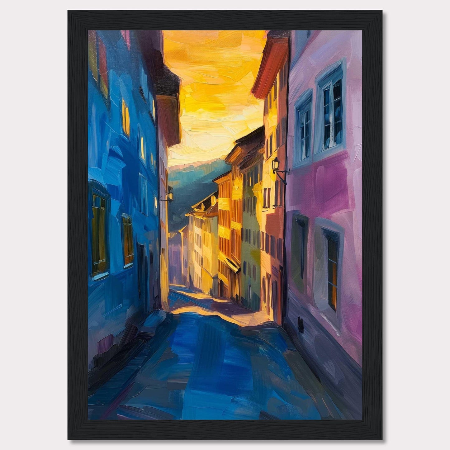 This vibrant painting captures a charming street scene bathed in the warm glow of a sunset. The artwork features colorful buildings, with hues of blue and pink dominating the foreground, while the background fades into golden tones. The narrow street creates a sense of depth, drawing the viewer's eye towards the distant horizon. The play of light and shadow adds a dynamic and lively feel to the piece.