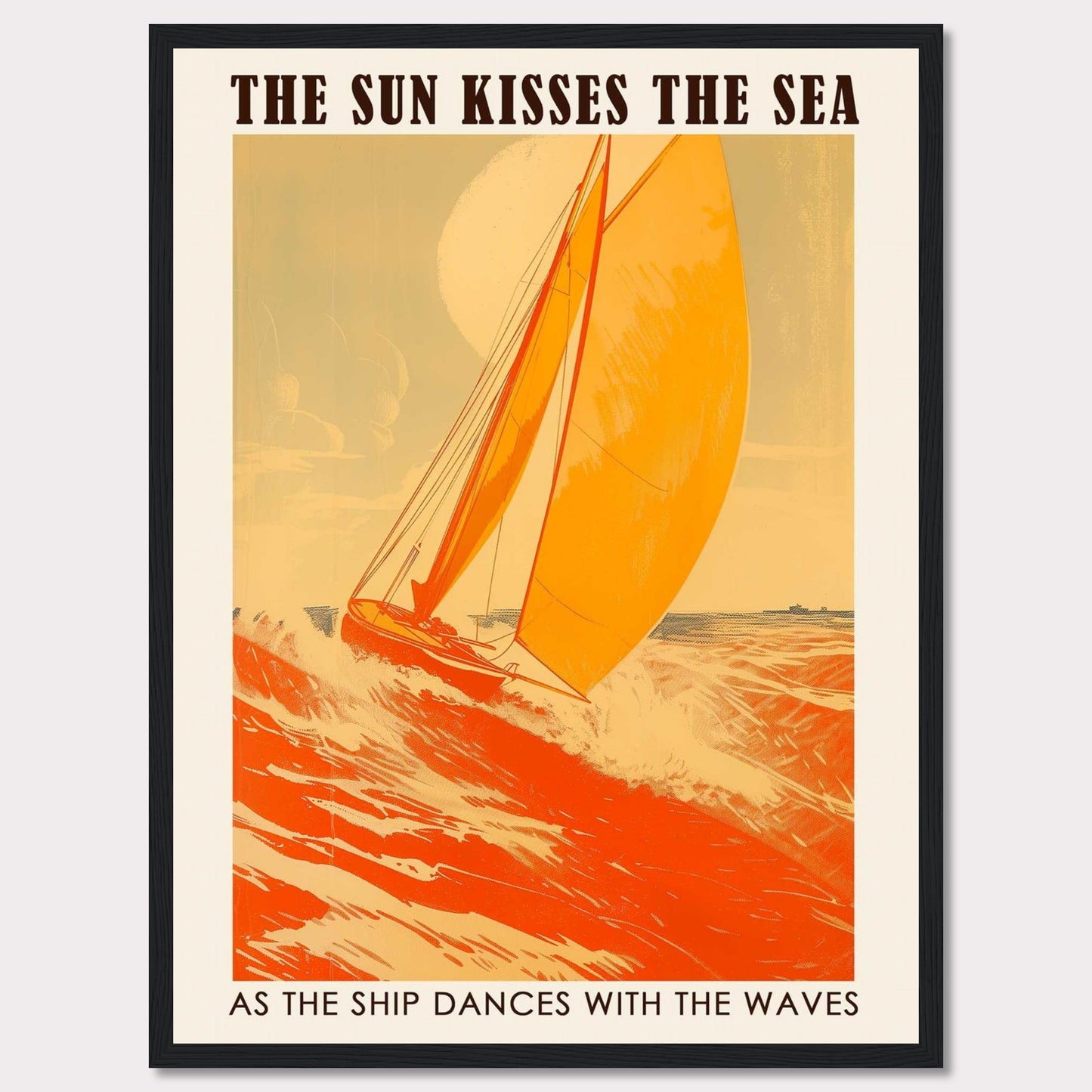 This vibrant poster captures the essence of sailing with a bright orange sailboat cutting through the waves under a warm sun. The bold text reads, "THE SUN KISSES THE SEA" and "AS THE SHIP DANCES WITH THE WAVES," evoking a sense of adventure and freedom.