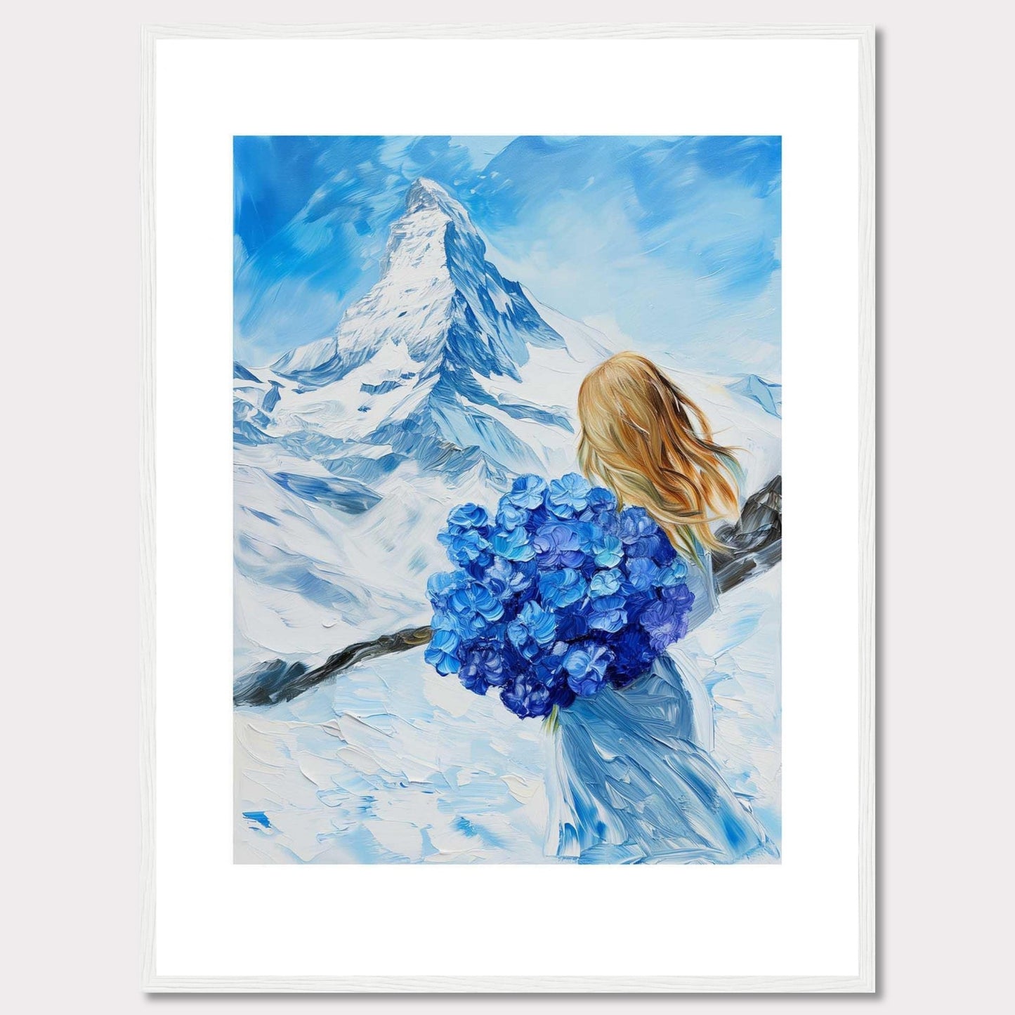 This captivating painting depicts a serene winter landscape with a majestic snow-covered mountain in the background. A woman with flowing blonde hair stands in the foreground, holding a vibrant bouquet of blue flowers. The sky is a brilliant shade of blue, complementing the snowy scenery.