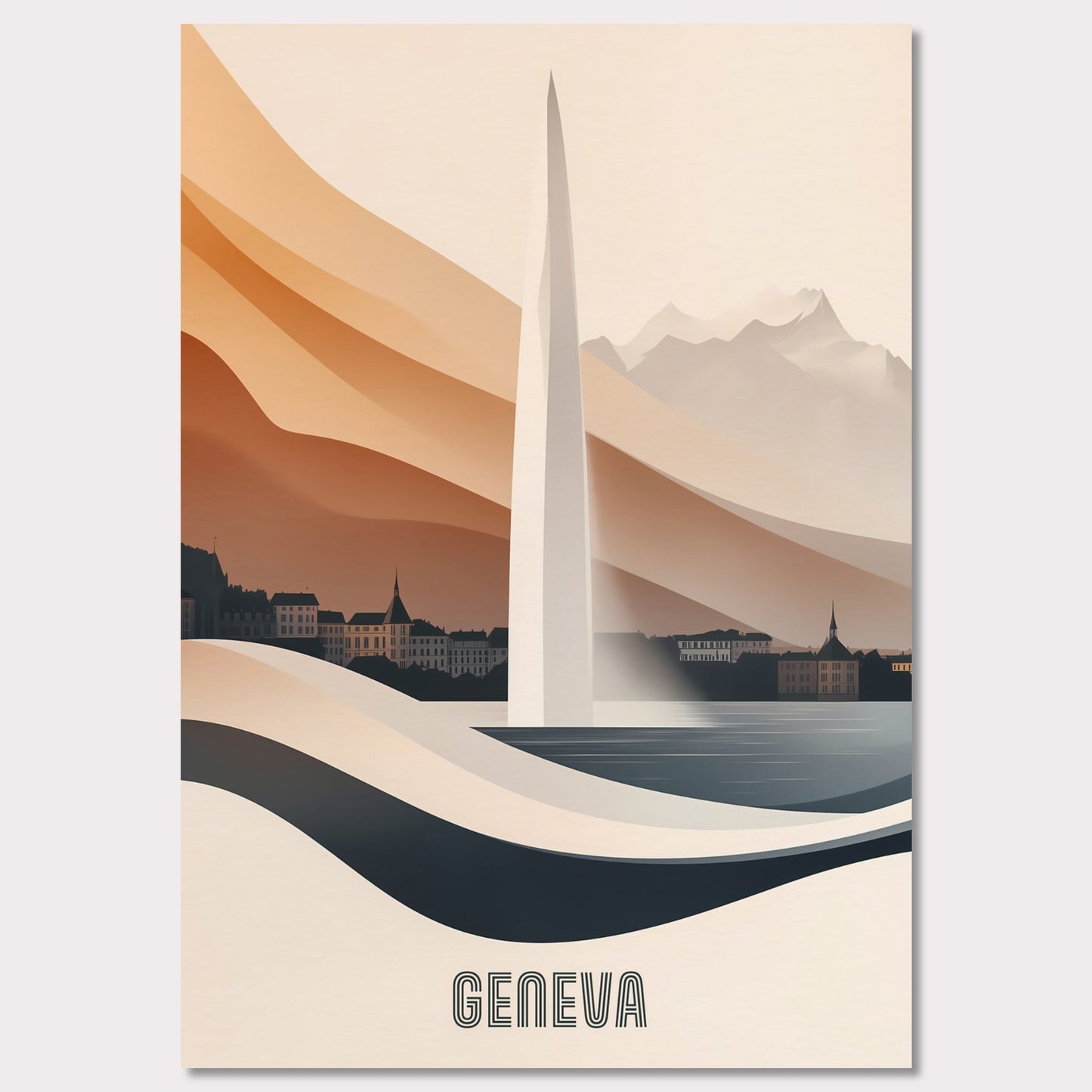 A modern and elegant poster of Geneva’s famous Jet d’Eau fountain, seamlessly blending into the landscape. Smooth curves and warm hues create a sense of fluidity and movement.