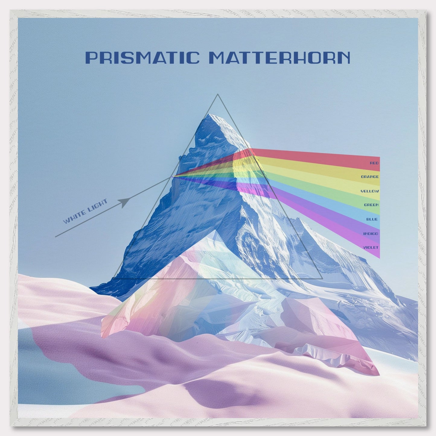 This image features a stunning illustration of the Matterhorn mountain with a prismatic effect. The mountain is depicted as a prism, dispersing white light into a spectrum of colors.