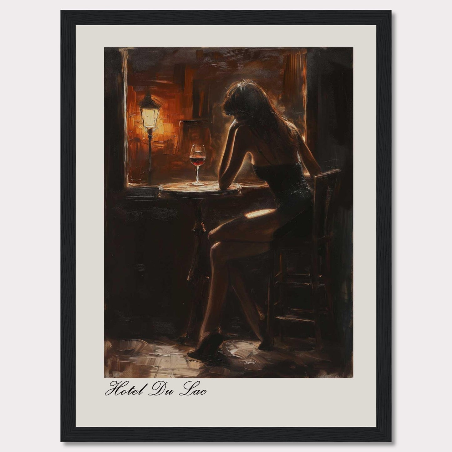 This evocative artwork captures a solitary moment in a dimly lit bar. A woman sits contemplatively at a small round table, illuminated by the warm glow of a nearby lamp. A glass of red wine rests on the table, adding to the intimate and reflective atmosphere. The painting is titled "Hotel Du Lac," suggesting a scene filled with stories and emotions.