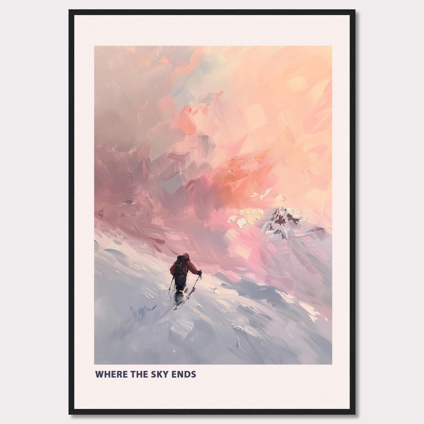 This captivating artwork titled "Where the Sky Ends" portrays a lone adventurer trekking through a snow-covered landscape towards a breathtaking, colorful sky. The painting captures a sense of solitude and determination against a backdrop of majestic, pastel-hued clouds.