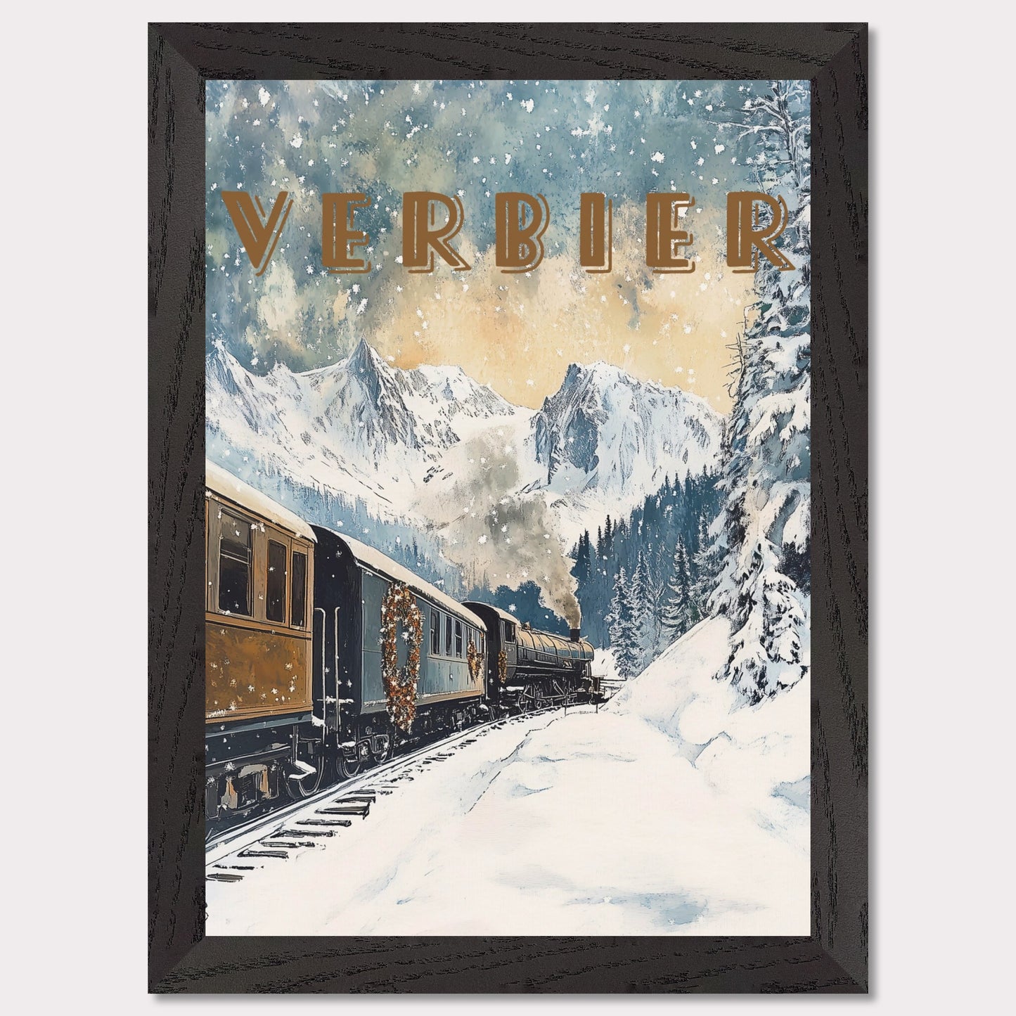 This enchanting winter poster showcases a vintage steam train winding through the snow-covered landscapes of Verbier. The train, adorned with festive wreaths, travels against a backdrop of majestic alpine peaks, tall evergreen trees, and a serene winter sky with softly falling snowflakes. The golden light filtering through the clouds adds a warm, nostalgic glow to the scene, evoking the magic of winter travel.