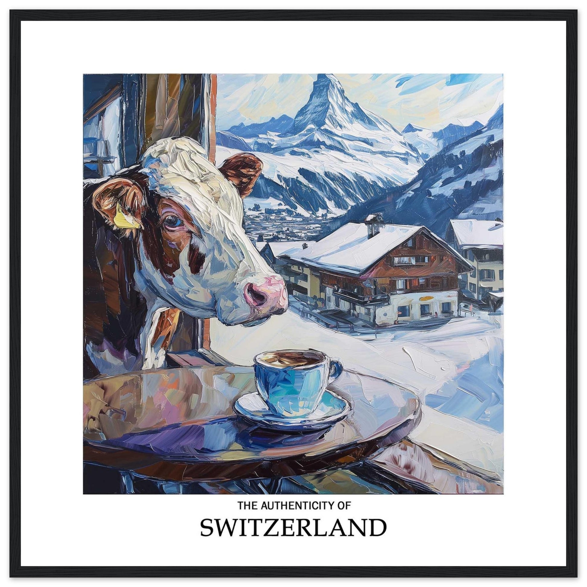 A charming painting captures the essence of Switzerland, featuring a curious cow peeking out of a window, a steaming cup of coffee, and a picturesque snowy village with the majestic Swiss Alps in the background.