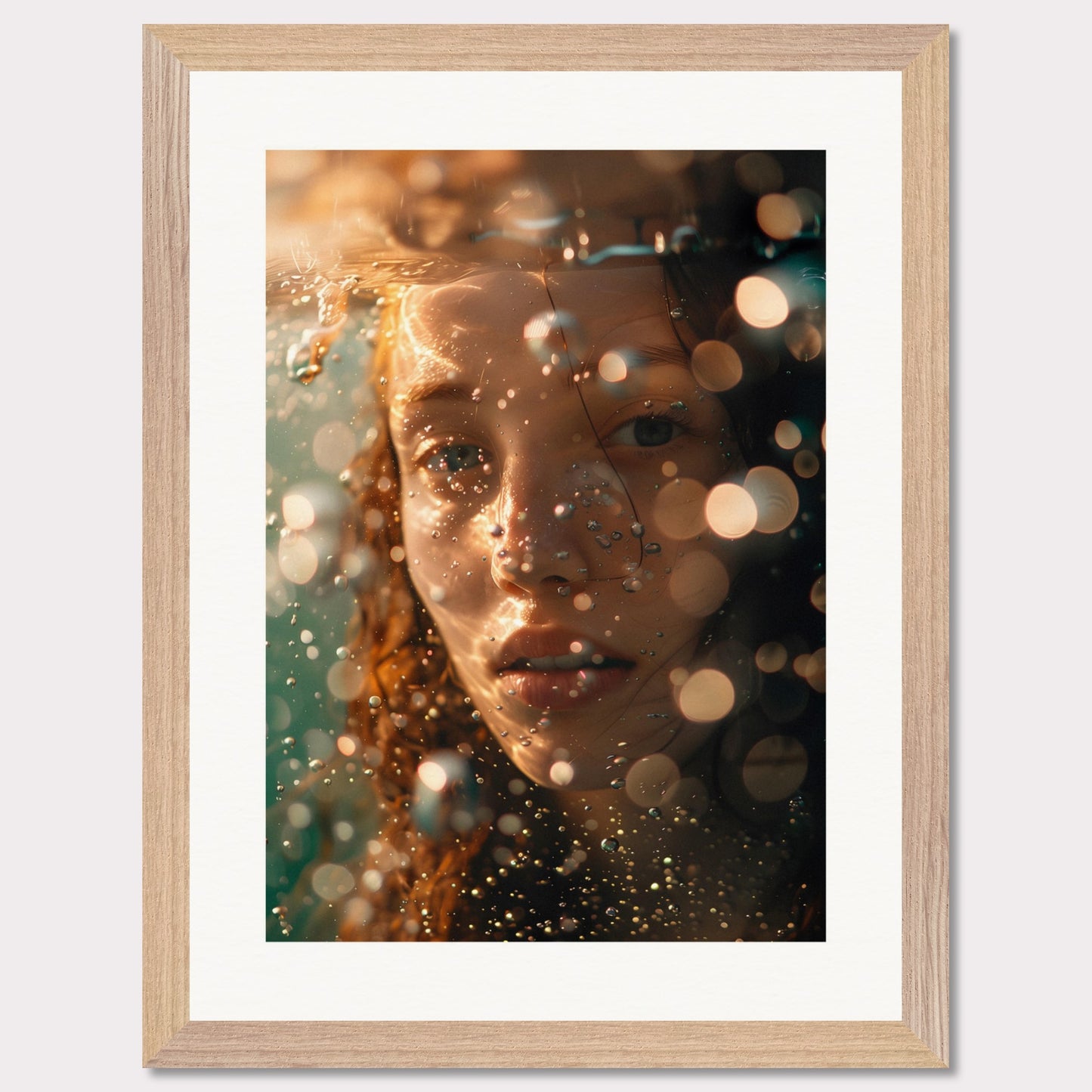 A close-up, artistic photograph of a person's face submerged in water, with light reflections and bokeh effects creating an ethereal atmosphere.

This poster would fit well in modern living rooms, art studios, bedrooms, or any space that appreciates contemporary and artistic photography.