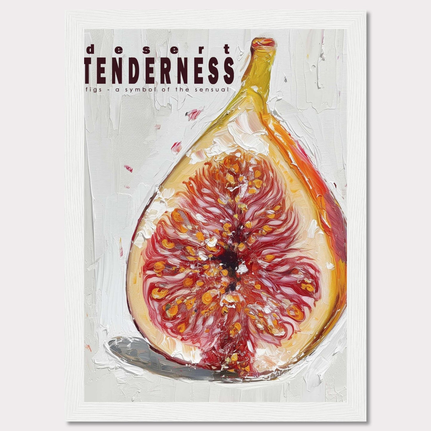 This image features an artistic representation of a fig, emphasizing its rich, sensual qualities. The painting uses bold brushstrokes and vibrant colors to highlight the intricate details of the fruit.