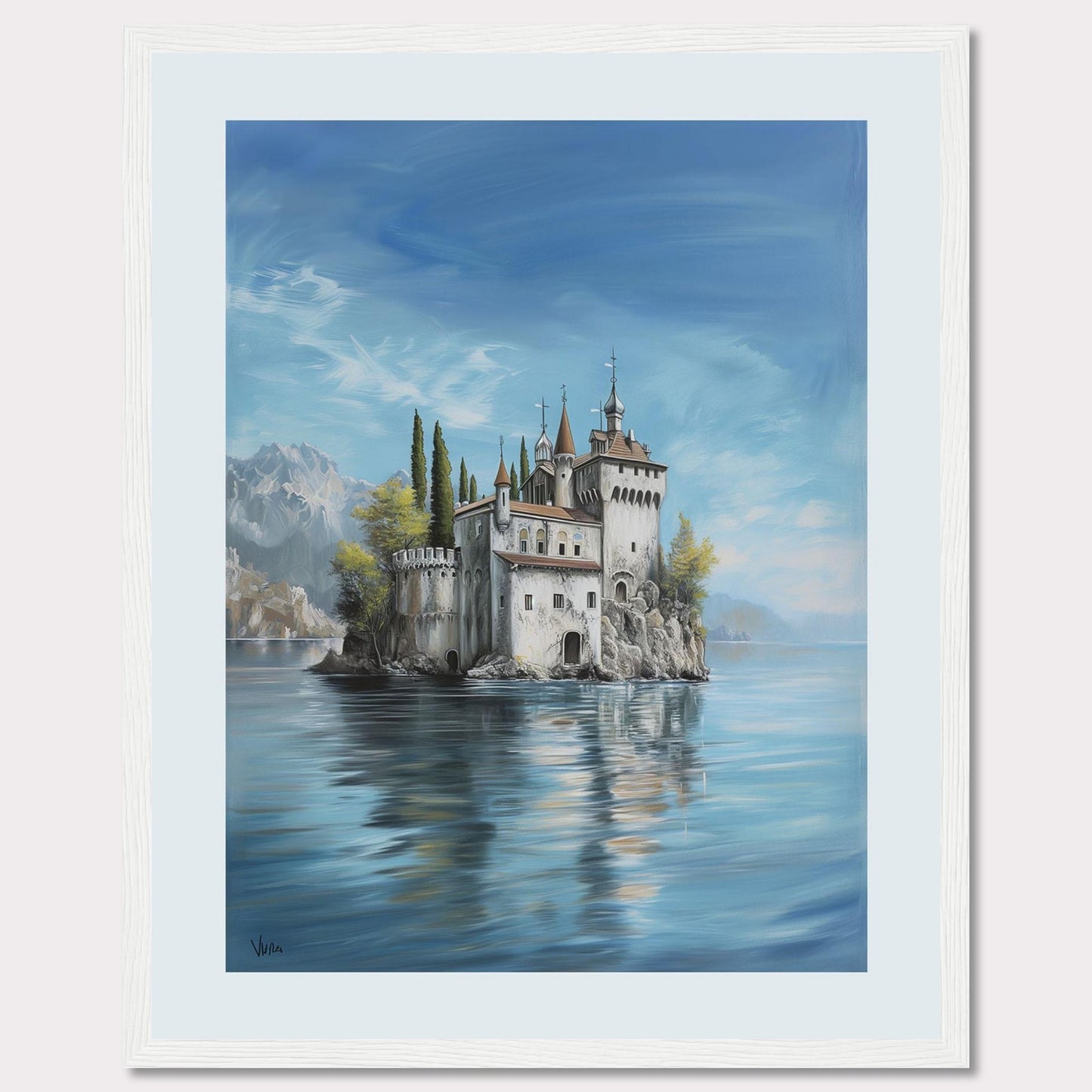 This stunning painting captures the serene beauty of a majestic castle perched on a small island, surrounded by calm waters. The scene is set against a backdrop of distant mountains and a clear blue sky, evoking a sense of tranquility and wonder.