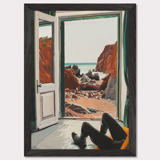 This image captures a serene view of a rocky beach through an open door. The scene is framed by the interior of a room where a person is seated, legs stretched out, possibly relaxing and enjoying the view.