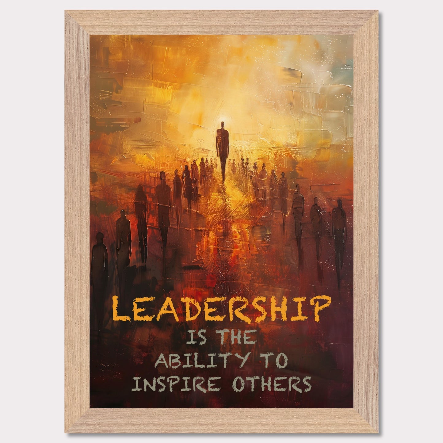 This image depicts a motivational poster with an abstract painting of a group of people following a prominent figure, symbolizing leadership. The background is a blend of warm colors like orange and yellow, creating a sense of inspiration and energy.