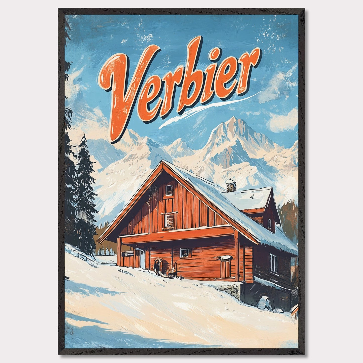 This vintage-inspired poster features a charming wooden chalet nestled against the stunning mountains of Verbier. The warm tones of the cabin contrast beautifully with the snowy landscape and towering peaks, creating a welcoming, serene winter scene. The retro design with bold typography invites viewers to imagine a peaceful retreat in the heart of the Swiss Alps, where adventure and comfort come together.