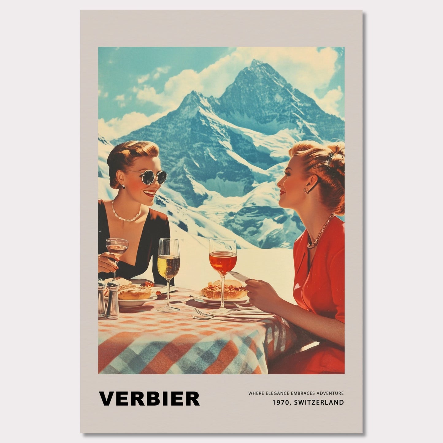 This glamorous poster showcases the refined charm of Verbier, featuring two elegantly dressed women enjoying an alfresco meal with breathtaking alpine peaks as their backdrop. The scene embodies a perfect blend of sophistication and adventure, inviting viewers to savor the unique allure of this Swiss ski destination.