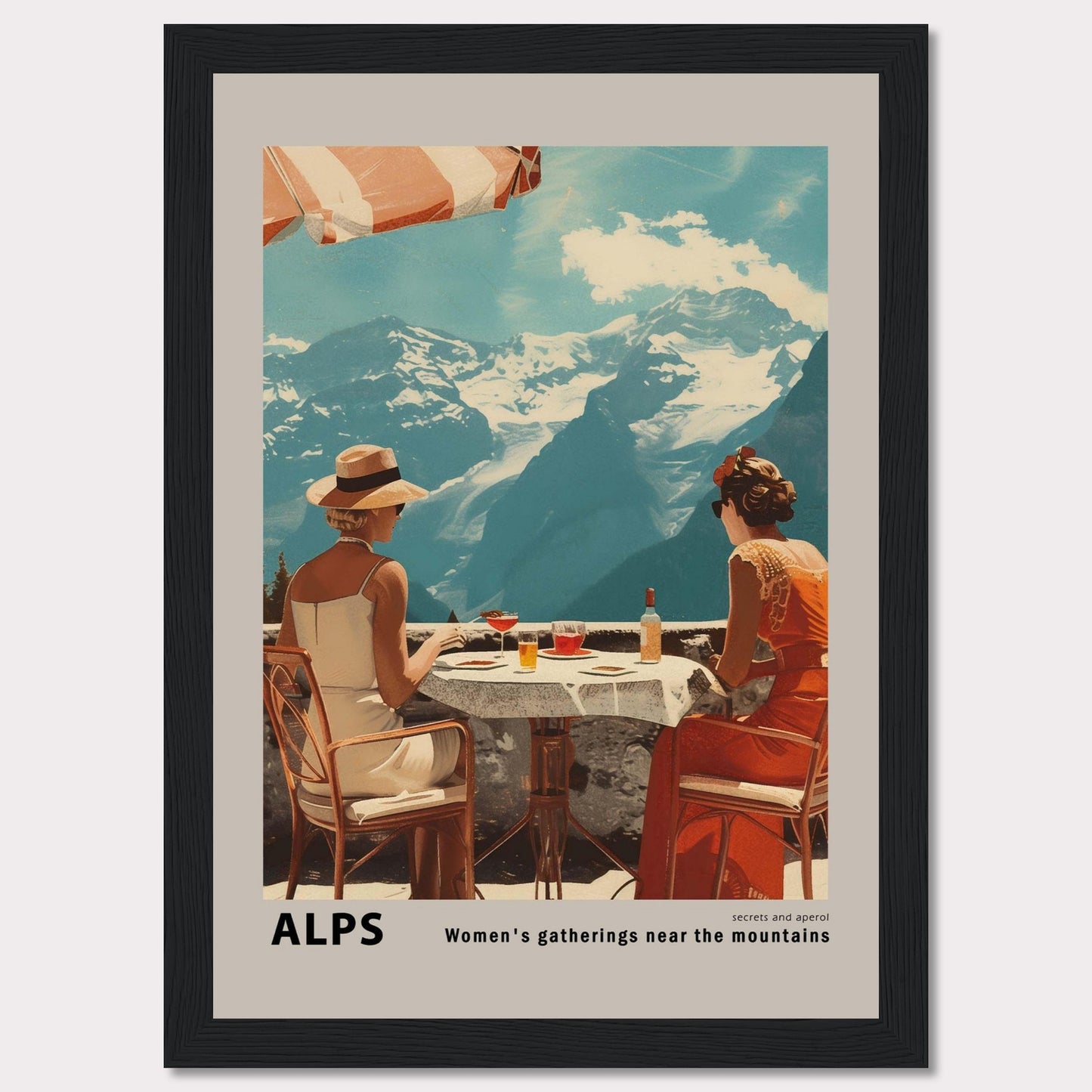 A beautiful vintage-style poster depicting two women enjoying a drink at a table with a stunning view of the Alps mountains in the background.