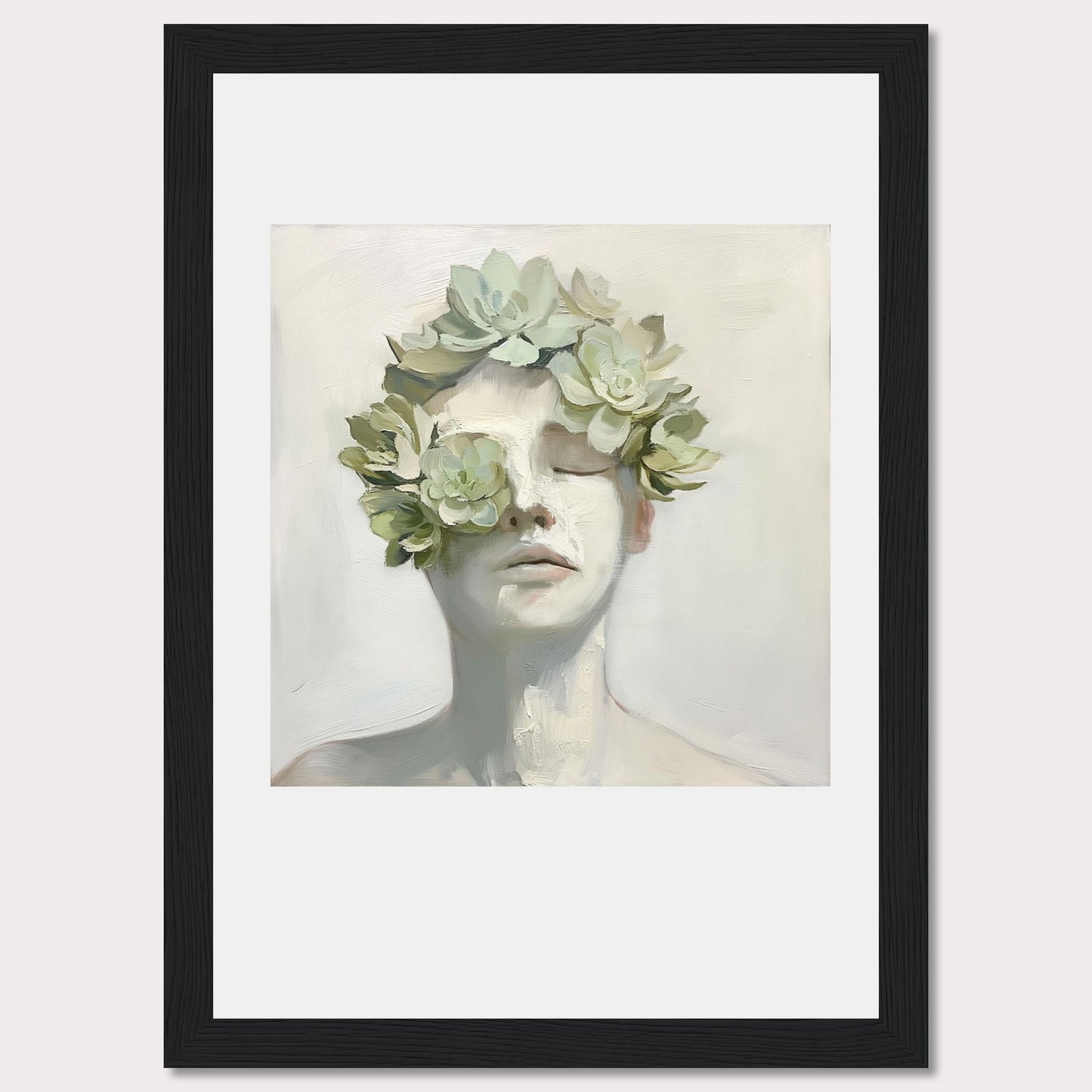 This captivating artwork features a serene face adorned with a crown of succulents, blending nature and human form in a harmonious expression.