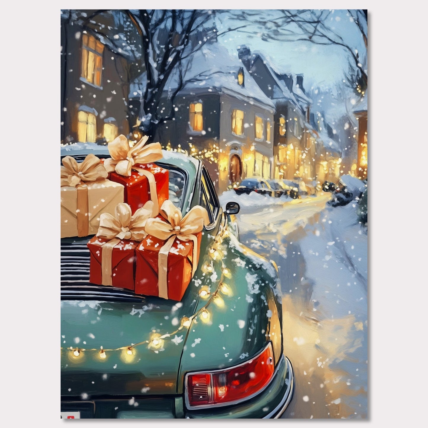 A cozy Christmas scene in Switzerland is captured in this enchanting poster. The focus is a beautiful Christmas tree adorned with lights, set in the heart of a charming town covered in snow. A Porsche, with festive gifts on the roof, adds a touch of luxury to this idyllic winter setting. The vintage typography "Christmas in Switzerland" evokes a sense of nostalgia and warmth, making it the perfect holiday decoration.