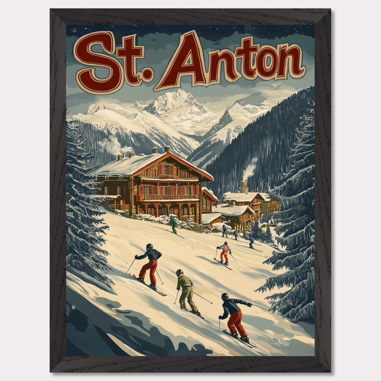 This minimalist yet striking poster captures the essence of St. Anton's alpine charm through its dynamic composition and vintage-inspired design. At the heart of the image is a group of skiers gracefully descending the snowy slopes, framed by towering evergreens and a cozy wooden chalet. The vibrant yet balanced color palette enhances the lively appeal, blending a sense of adventure and winter serenity.