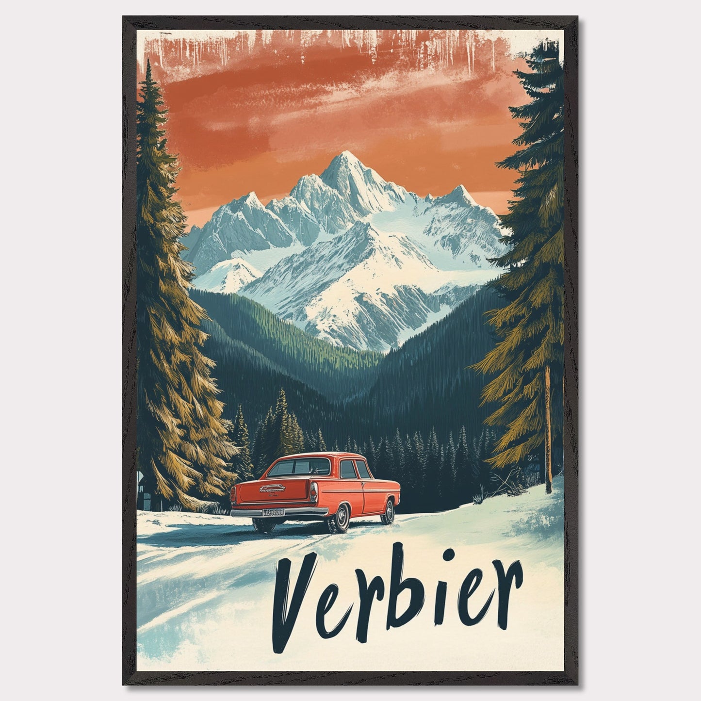 This striking retro-style poster depicts a vintage car driving through a snowy mountain landscape in Verbier. The red car stands out against the backdrop of majestic, snow-covered peaks and towering trees, with the warm orange hues of the sky adding to the nostalgic vibe. The vintage typography and artistic style evoke the allure of road trips through the Swiss Alps, offering a sense of freedom and adventure in a winter wonderland.