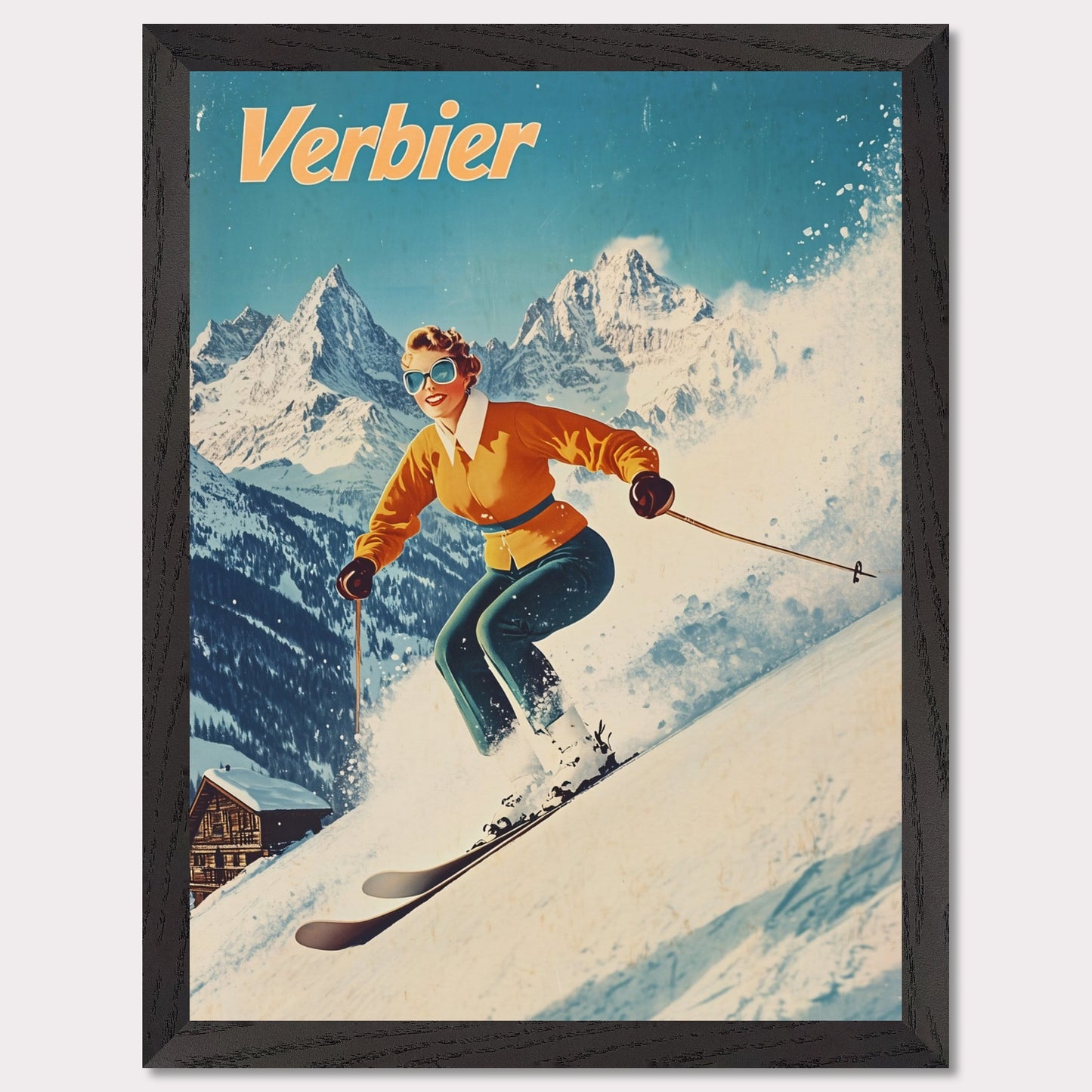 This vibrant retro poster captures the thrilling energy of skiing in Verbier, featuring a skier in a bright orange jacket racing down the slopes. The bright, clear sky contrasts beautifully with the snow-covered terrain and rugged mountain backdrop. The skier’s joyful expression, paired with the iconic Verbier mountains, evokes the excitement and adventure of alpine skiing. The vintage art style adds a timeless touch, bringing out the spirit of winter sports.