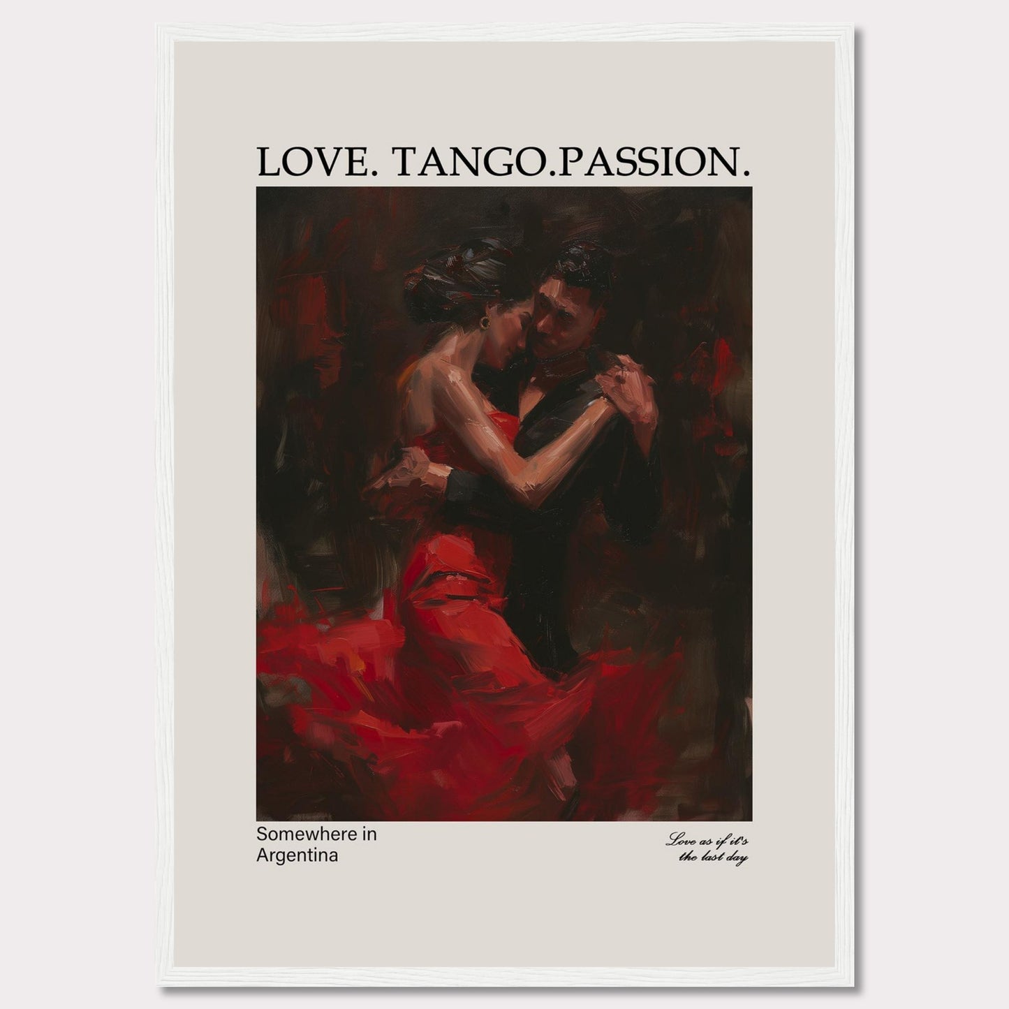 This captivating poster showcases a passionate tango dance between a couple, enveloped in deep red and black hues.