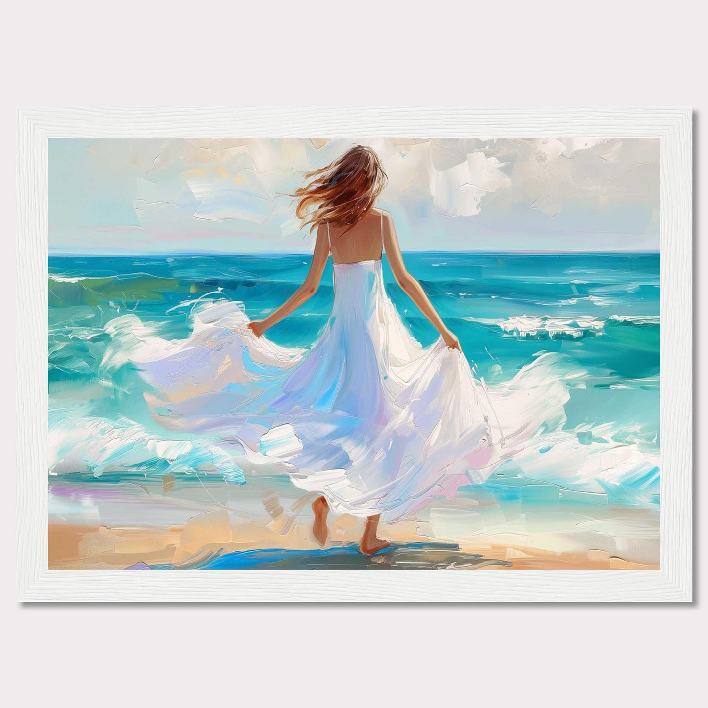 This stunning painting captures a serene moment of a woman in a flowing white dress standing at the edge of the ocean, with waves gently crashing onto the shore. The vibrant colors and dynamic brushstrokes bring this scene to life, evoking a sense of peace and freedom.