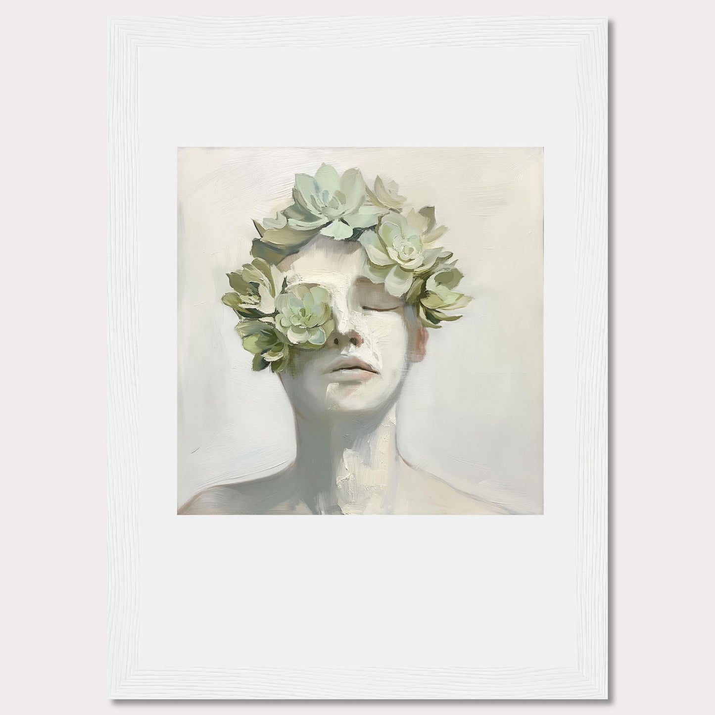 This captivating artwork features a serene face adorned with a crown of succulents, blending nature and human form in a harmonious expression.