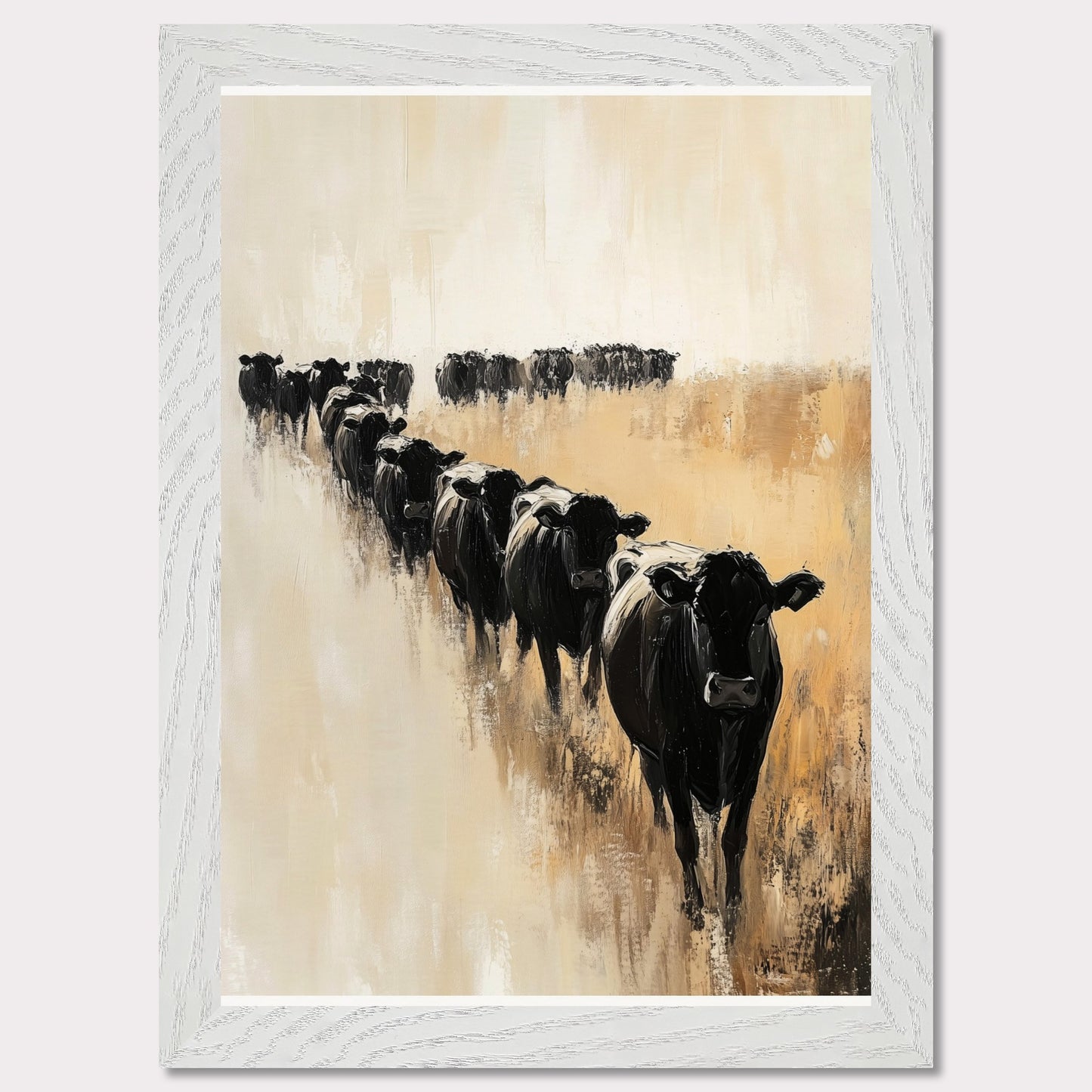 This captivating artwork portrays a herd of black cows walking in a line across a serene, golden field. The abstract brush strokes and muted color palette evoke a sense of calm and tranquility.