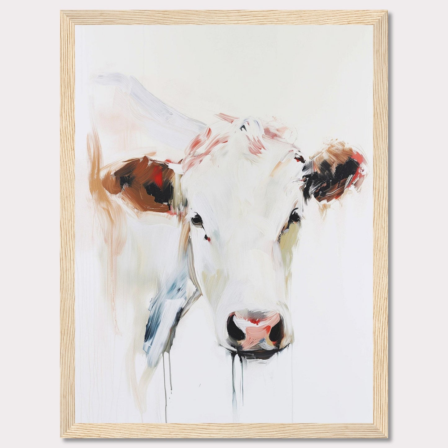 This captivating painting features a close-up of a cow's face, rendered in a modern abstract style. The artwork uses bold brush strokes and a blend of soft and vibrant colors to create a striking visual impact.