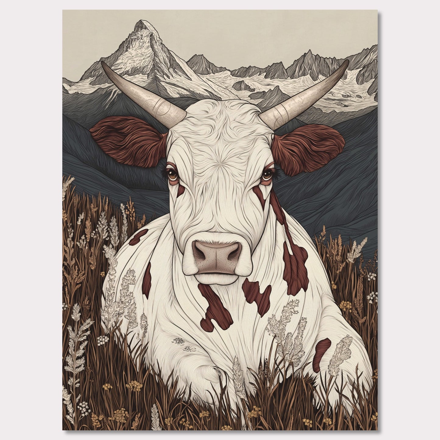 This beautifully detailed poster portrays a tranquil scene of alpine life with a focus on the harmonious connection between nature and animals. A striking cow with intricate features gazes directly at the viewer, creating a sense of intimacy, while the majestic Matterhorn looms in the background. The combination of soft earth tones and delicate linework evokes a rustic yet modern aesthetic.