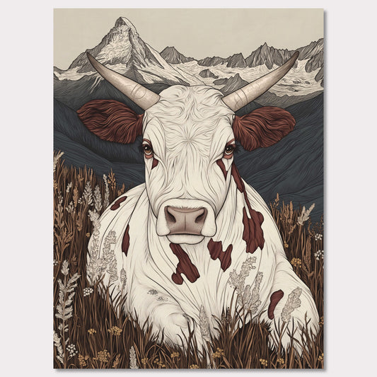 This beautifully detailed poster portrays a tranquil scene of alpine life with a focus on the harmonious connection between nature and animals. A striking cow with intricate features gazes directly at the viewer, creating a sense of intimacy, while the majestic Matterhorn looms in the background. The combination of soft earth tones and delicate linework evokes a rustic yet modern aesthetic.