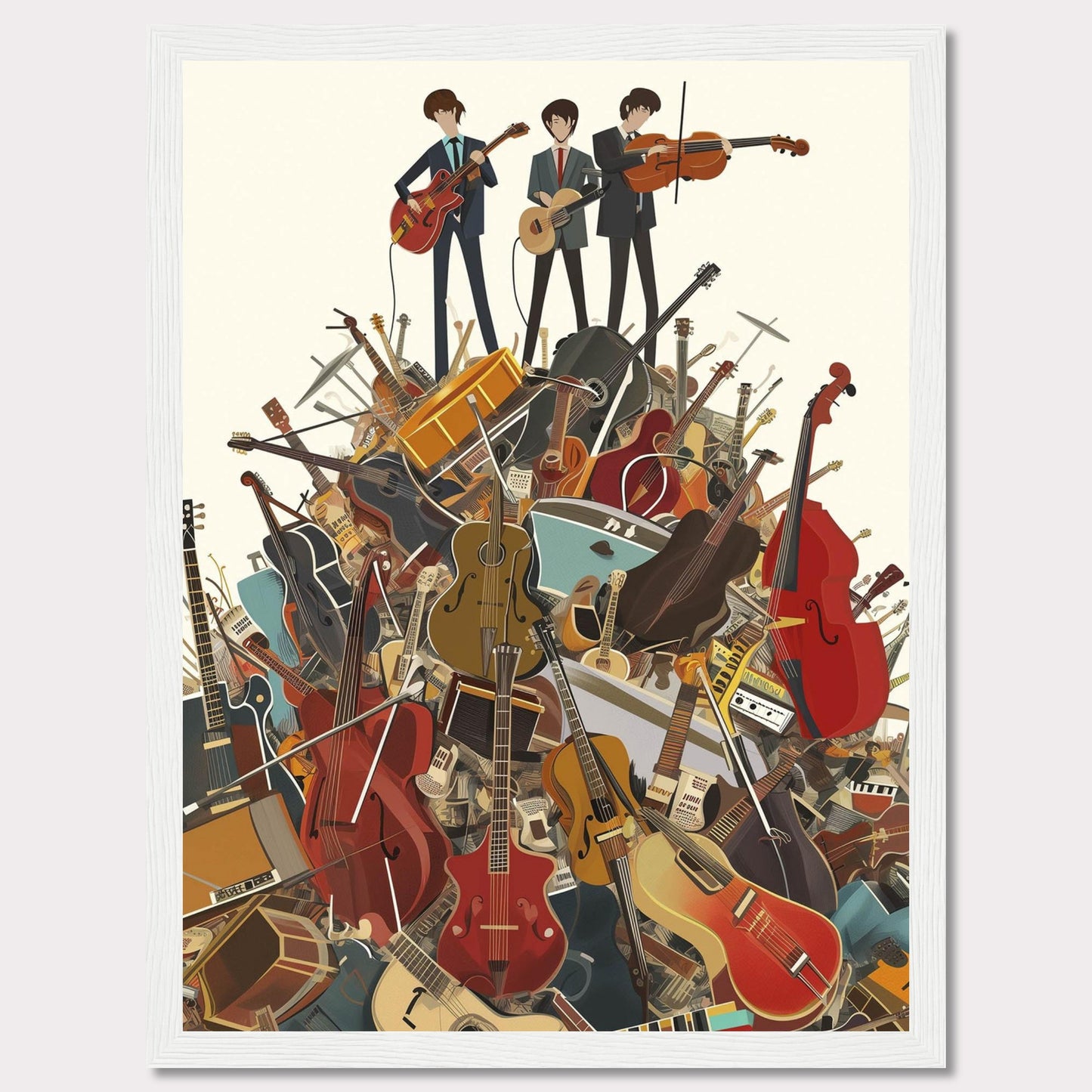 This vibrant illustration captures three musicians standing atop a towering pile of various musical instruments. The scene is filled with guitars, violins, cellos, drums, and more, creating a lively and energetic atmosphere.