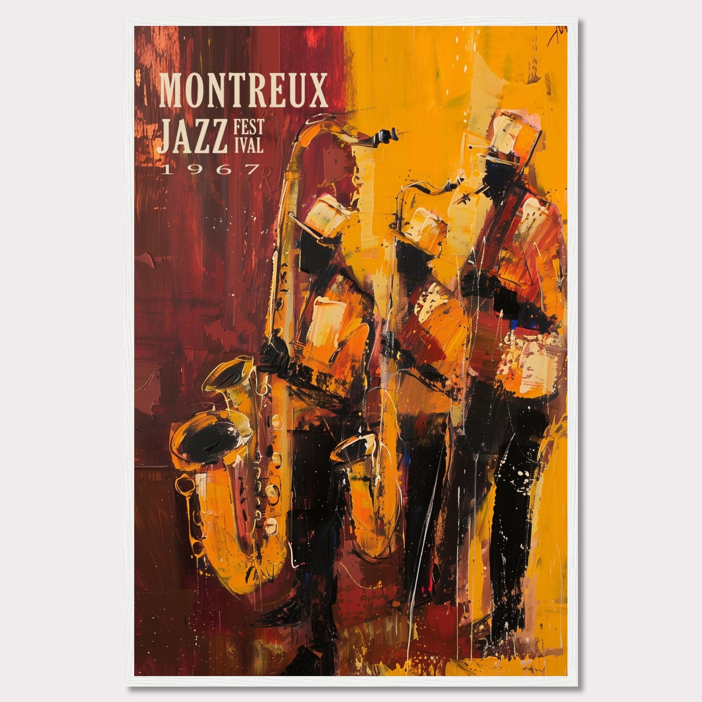 This vibrant art poster showcases the Montreux Jazz Festival from 1967. The artwork features an abstract depiction of three jazz musicians passionately playing their instruments, with rich hues of red, yellow, and orange capturing the dynamic energy of the performance.