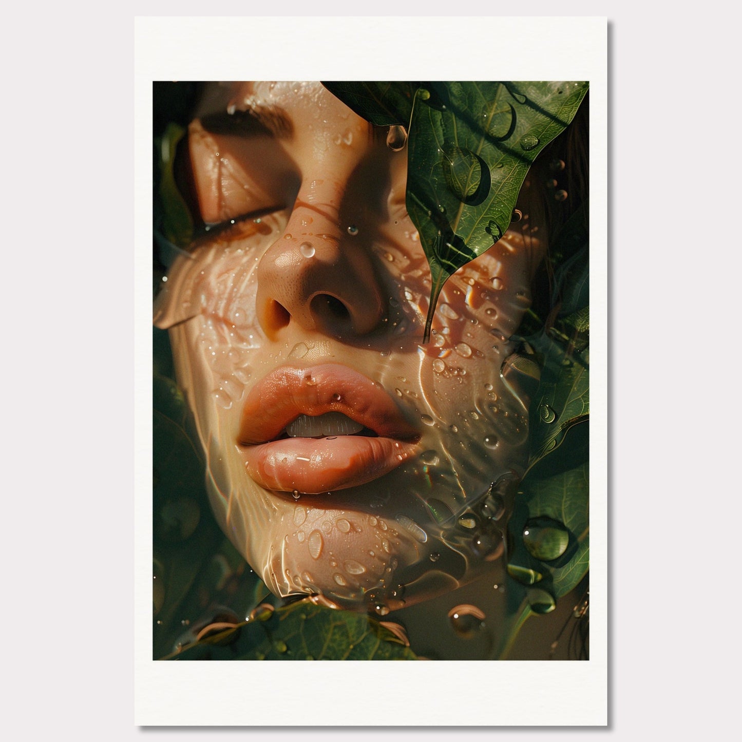 40b827e2-f3This is an artistic illustration depicting a close-up of a woman's face partially covered by leaves and water droplets.

This poster would fit well in a modern living room, bedroom, or office space, adding a touch of nature and surreal beauty to the decor.1d-41c5-8793-f01bafcaaafd