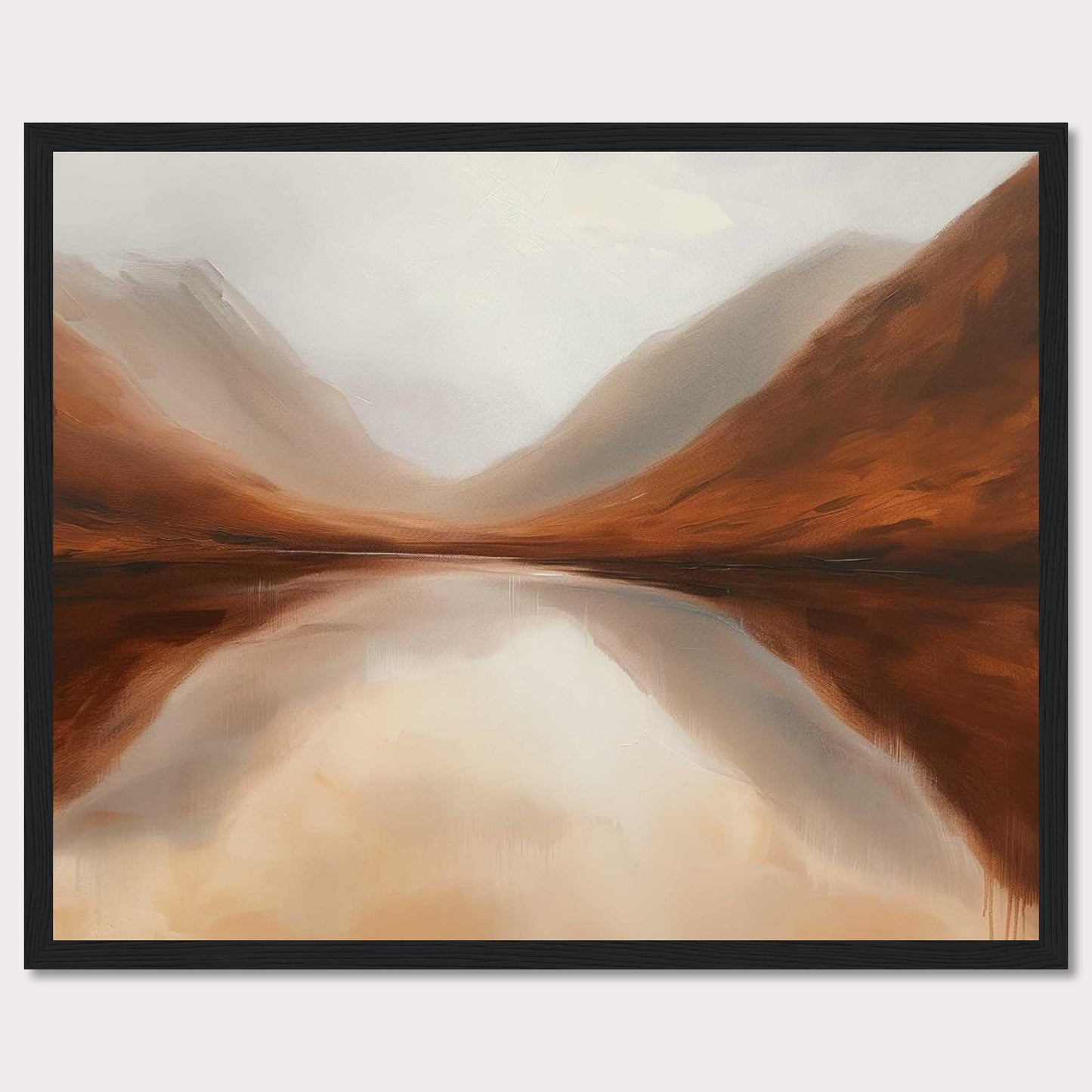 This captivating painting showcases a serene landscape with misty mountains reflected in a calm lake. The earthy tones of the mountains blend seamlessly with the soft, cloudy sky, creating a tranquil and harmonious scene.