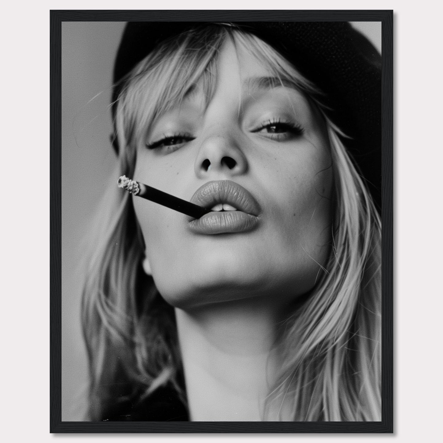 This striking black and white portrait captures a woman with a cigarette between her lips, exuding confidence and allure. Her intense gaze, slightly parted lips, and the casual placement of the cigarette create a bold and edgy aesthetic. The image is framed in a sleek black border, adding to its sophisticated appeal.