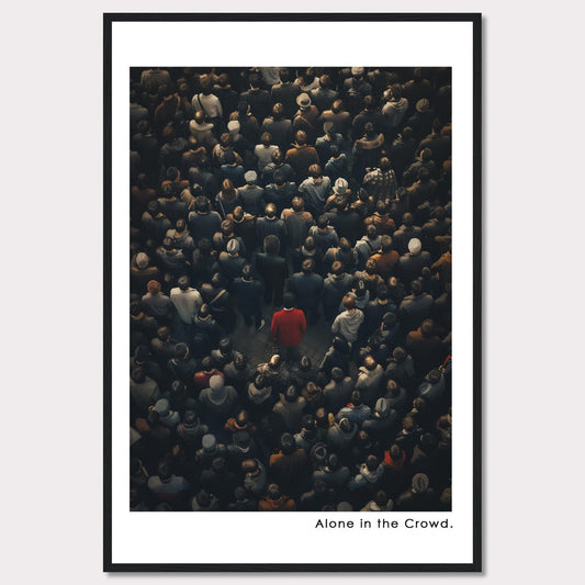 This image depicts a lone individual in a red coat standing amidst a dense crowd of people, all dressed in darker colors. The contrast highlights the feeling of isolation despite being surrounded by others.