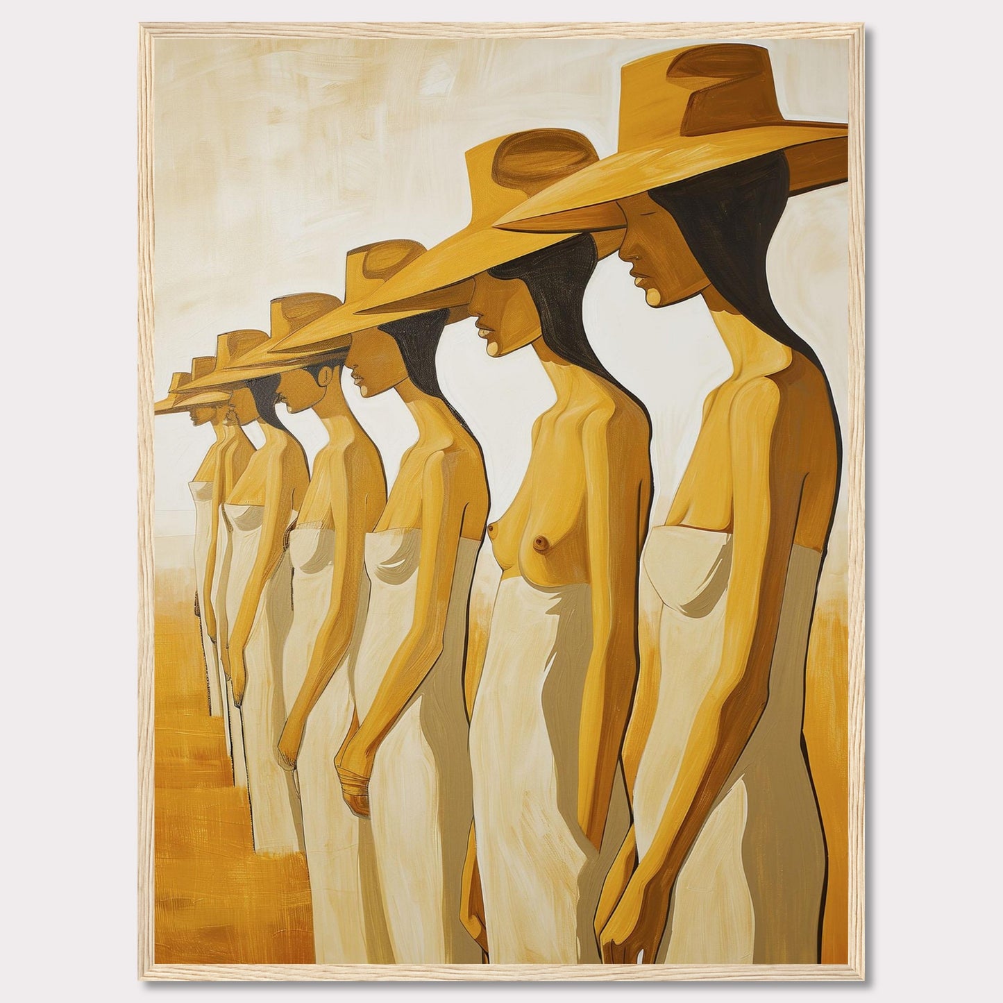 This striking artwork features a row of women standing in profile, each wearing a large hat and draped in a simple cloth. The painting captures a sense of unity and individuality through its minimalist style and warm color palette.